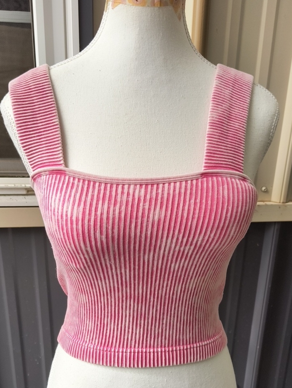 Zenana Outfitters Pink Ribbed Square Crop Tank, S/M